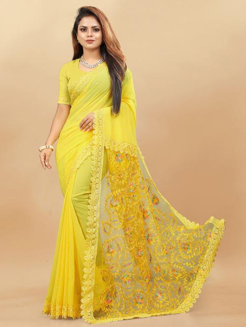 yellow georgette embroidered saree with blouse - 20895549 - Very Small Image - 1