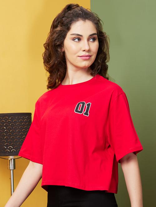 globus women red typography printed drop shoulder boxy fit t-shirt - 20911604 - Very Small Image - 1