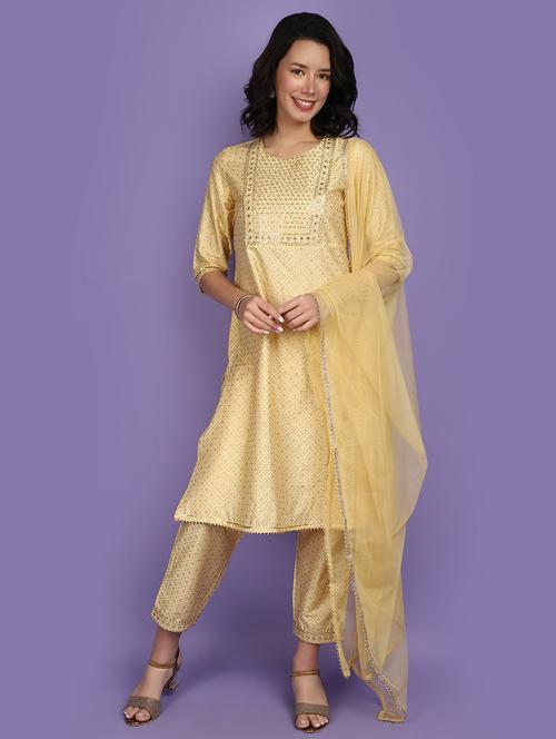 women yellow printed sequins detailed kurta & pant set - 20911893 - Very Small Image - 1