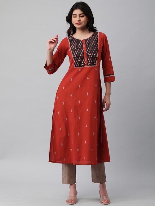 women round neck cotton blend a-line kurta - 20912055 - Very Small Image - 1