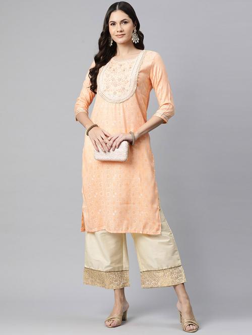 peach embroidered straight kurta - 20915859 - Very Small Image - 1