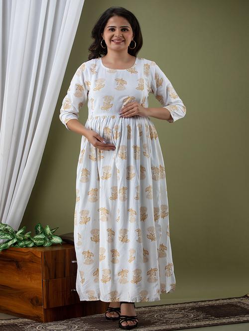 women round neck foil printed maternity wear dress - 20929502 - Very Small Image - 1