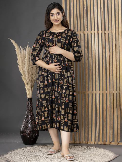 women round neck foil printed maternity wear dress - 20929527 - Very Small Image - 1