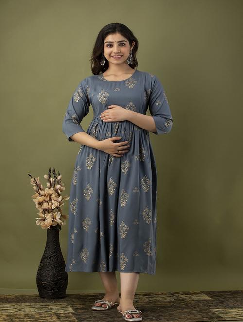 women round neck foil printed maternity wear dress - 20929564 - Very Small Image - 1