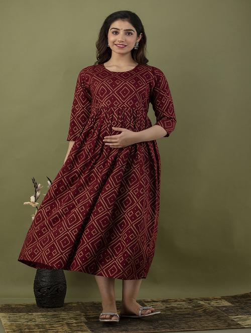women round neck printed ethnic maternity dress - 20929629 - Very Small Image - 1