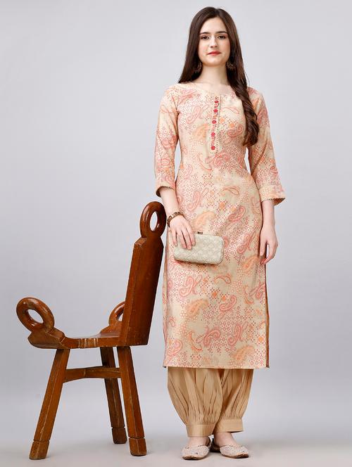 women beige round neck kurta salwar set - 20929878 - Very Small Image - 1