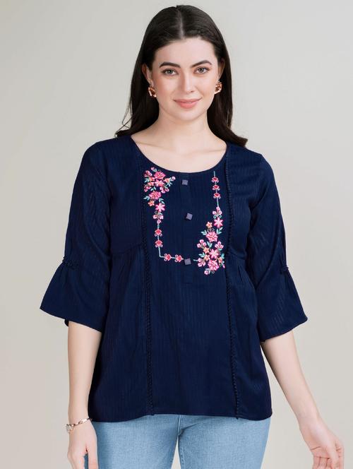 women navy blue round neck a-line top - 20929935 - Very Small Image - 1