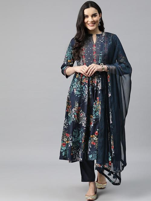 navy blue silk suit  set - 20930530 - Very Small Image - 1