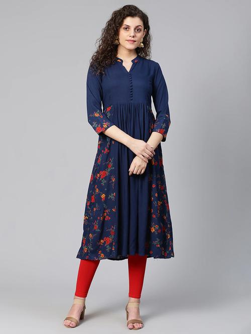 Women Navy Blue Floral Printed Flared Kurta - 20930865 - Very Small Image - 1