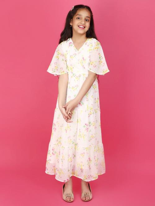 girls white v neck printed a-line dress - 20934242 - Very Small Image - 1