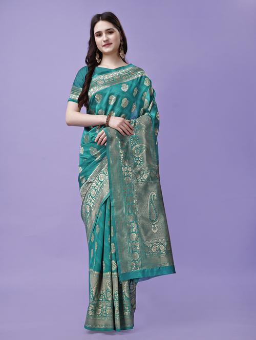 women turquoise self design kanjivaram saree - 20943714 - Very Small Image - 1