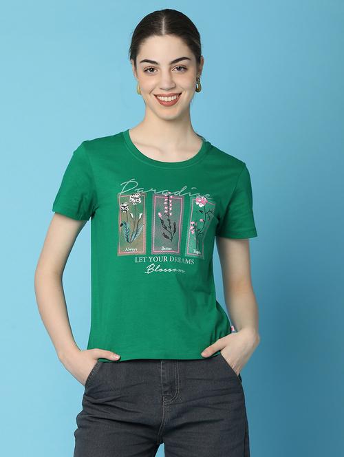 women green front printed casual t-shirt - 20944915 - Very Small Image - 1