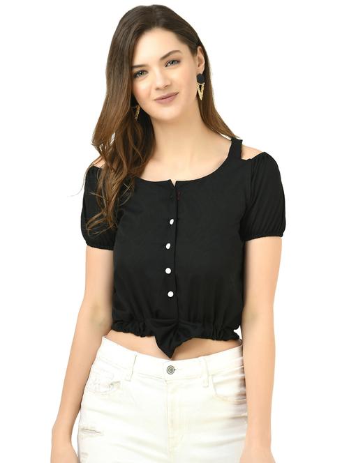 women black solid cold shoulder crop top - 20947529 - Very Small Image - 1