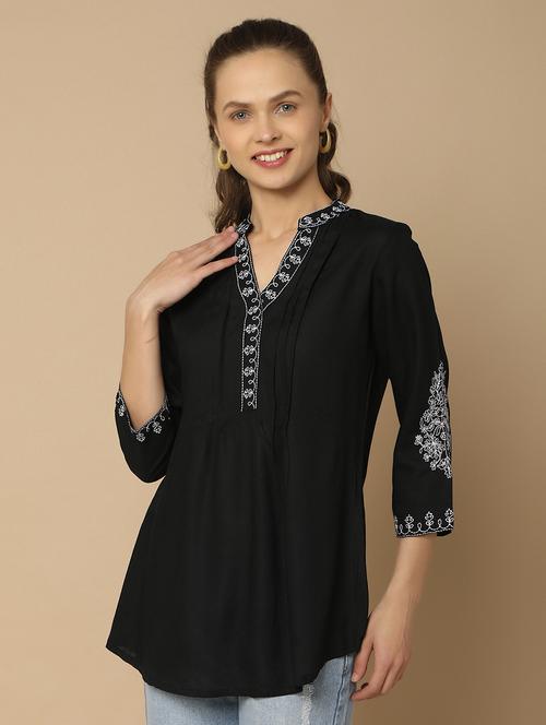 women embroidered mandarin neck a line top - 20951246 - Very Small Image - 1