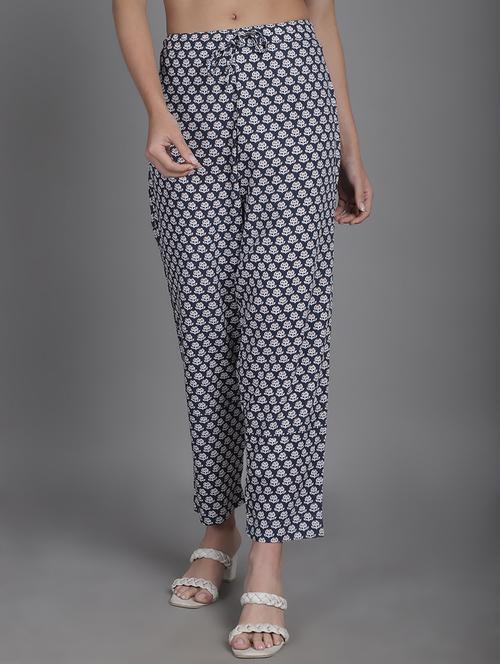 women navy blue block print straight tapered pant - 20960266 - Very Small Image - 1