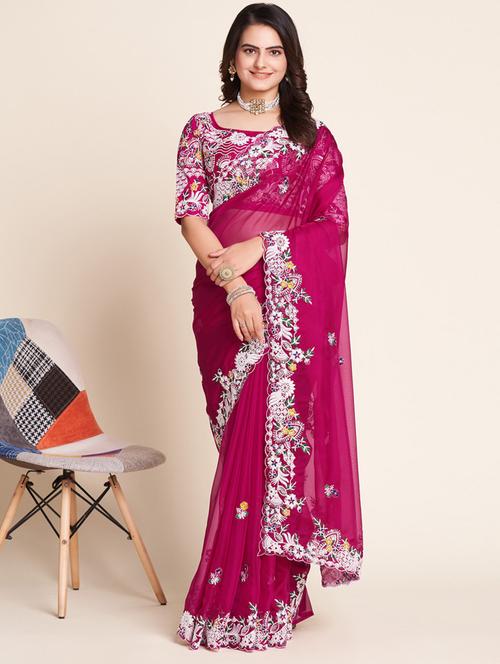 women magenta embroidered saree with blouse - 20960450 - Very Small Image - 1