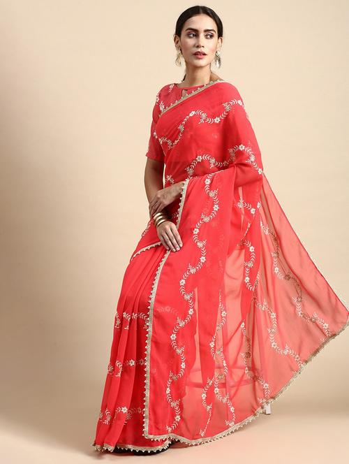 women orange embroidered lace work saree with blouse - 20960458 - Very Small Image - 1