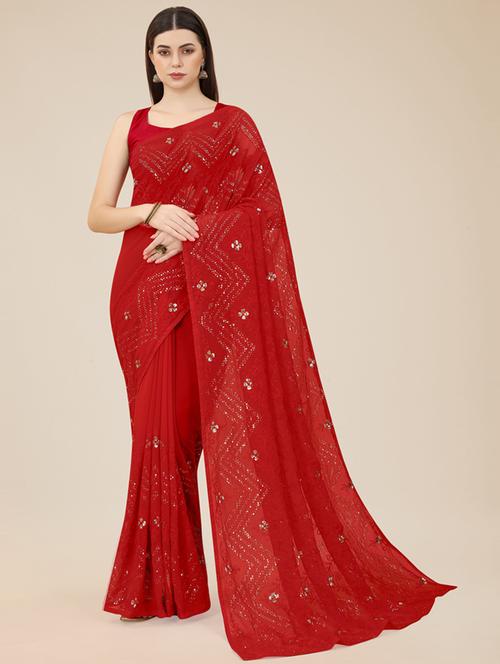women red sequin work georgette saree with blouse - 20960460 - Very Small Image - 1