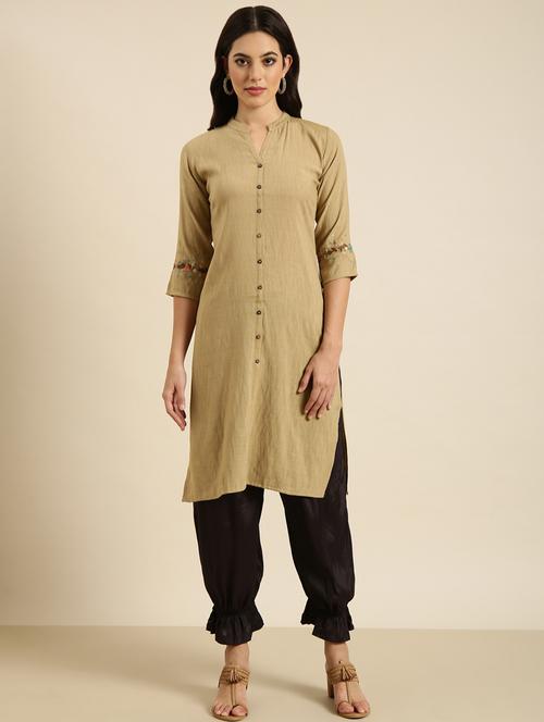 women beige mandarin neck straight kurta - 20960936 - Very Small Image - 1