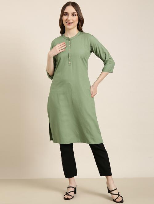 Women Green Mandarin Neck Straight Kurta - 20960949 - Very Small Image - 1