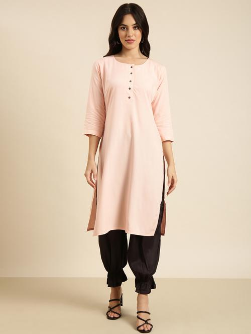 women peach round neck straight kurta - 20960968 - Very Small Image - 1