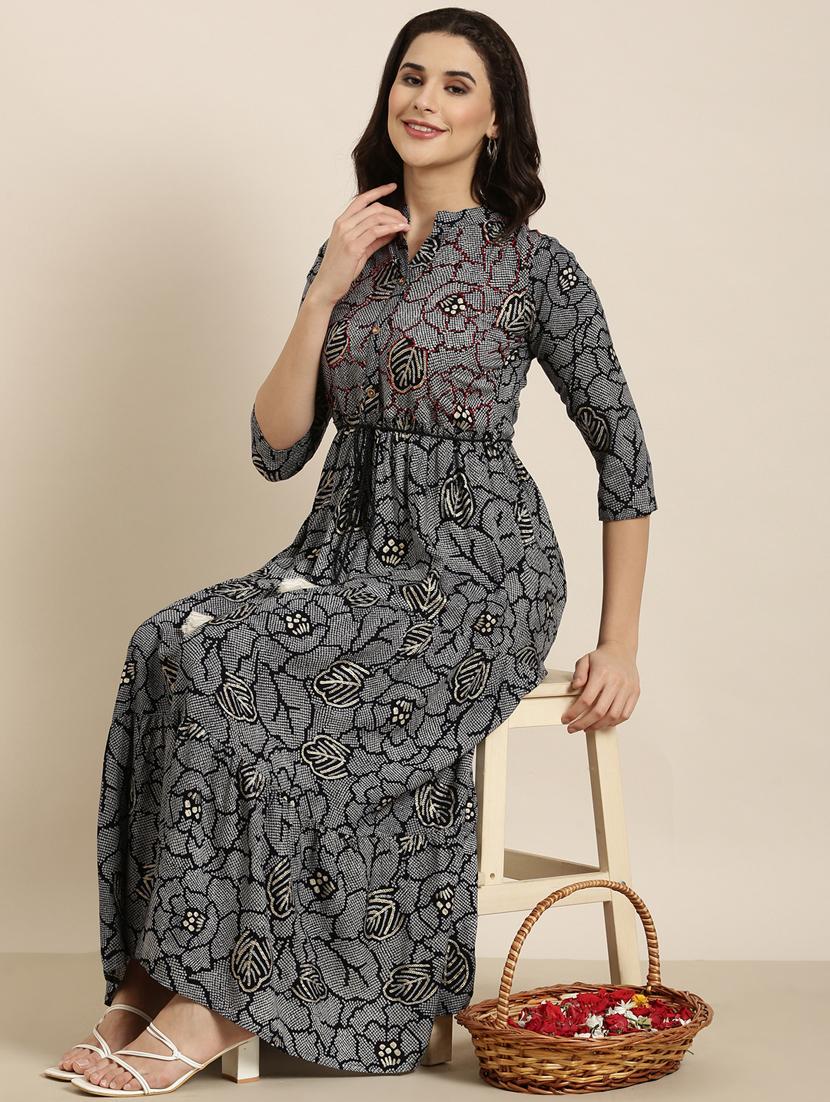 women navy blue mandarin neck flared kurta - 20960989 - Standard Image - 4