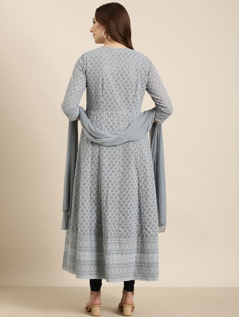 women grey round neck a-line kurta with long shrug - 20961038 - Standard Image - 2