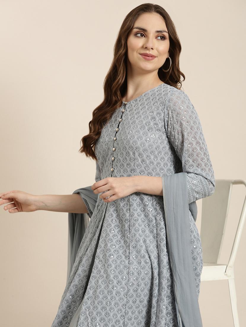 women grey round neck a-line kurta with long shrug - 20961038 - Standard Image - 8