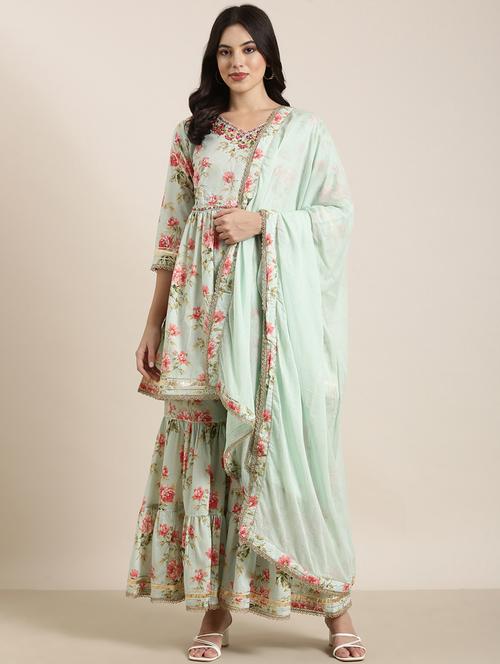 Women Sea Green Floral Printed Kurta Sharara Set With Dupatta - 20961206 - Very Small Image - 1