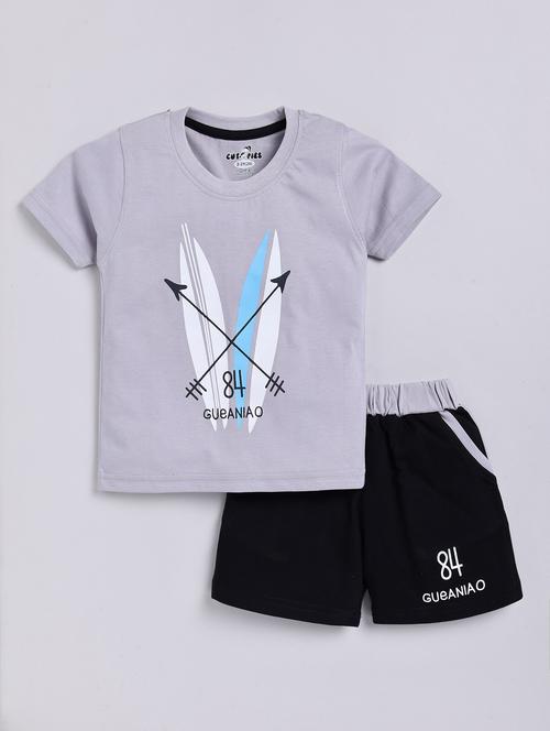 Grey Printed Detailed T-shirt & Shorts Set - 20961559 - Very Small Image - 1