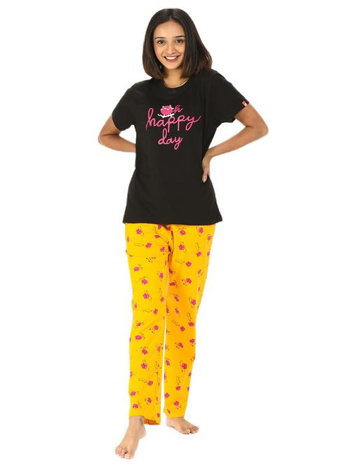 women black & yellow printed top & pyjama set - 20962095 - Very Small Image - 1