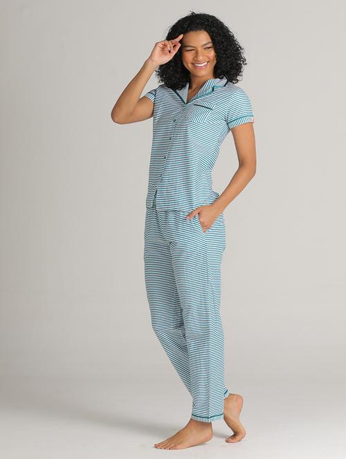 women round neck stripes pyjama nightwear set - 20962234 - Very Small Image - 1