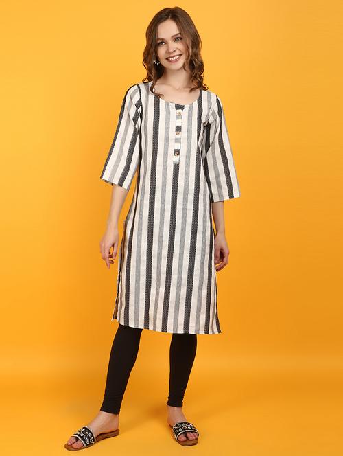 women white stripes round neck straight kurta - 20962347 - Very Small Image - 1