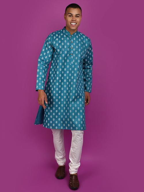 men blue printed detailed kurta & pyjama set - 20962370 - Very Small Image - 1