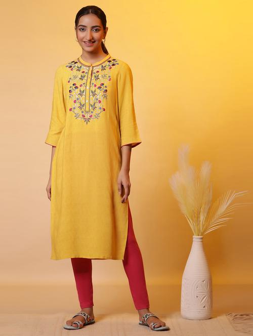 women yellow mandarin neck straight kurta - 20968354 - Very Small Image - 1