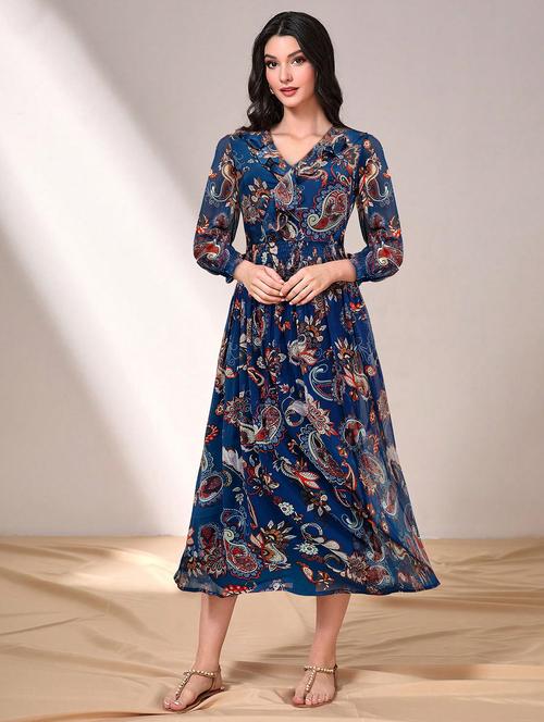 navy blue paisley printed fit & flare dress - 20969650 - Very Small Image - 1