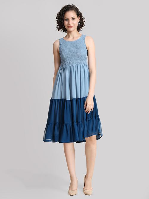 women blue color block fit & flare dress - 20969677 - Very Small Image - 1