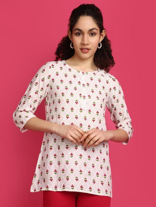 Pink Floral Print Rayon Short Kurti - 20970561 - Very Small Image - 1