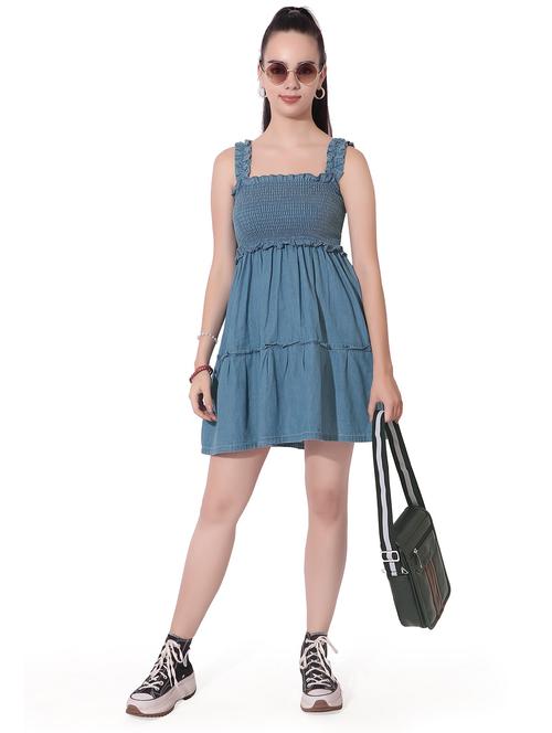 solid light blue smocked detailed dress - 20971813 - Very Small Image - 1