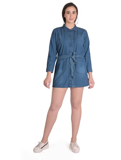 solid blue detailed denim shirt dress - 20971817 - Very Small Image - 1