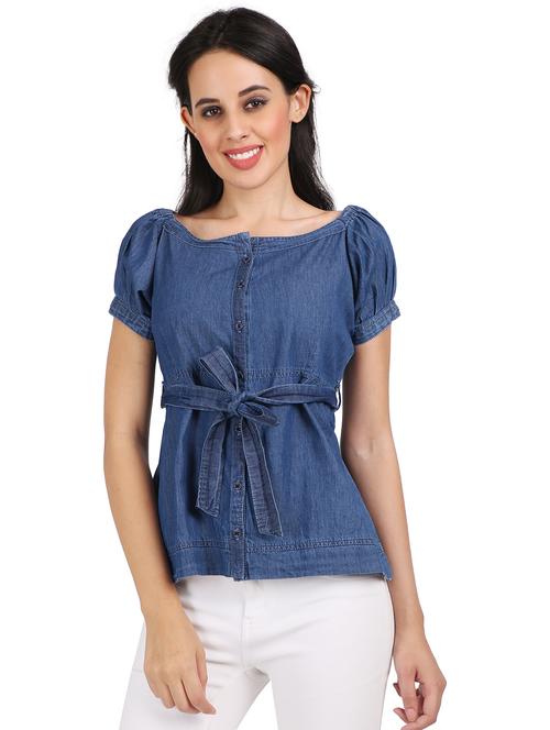 solid blue detailed denim top - 20972029 - Very Small Image - 1