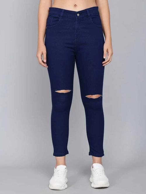 solid navy blue slash knee detailed jeans - 20981973 - Very Small Image - 1