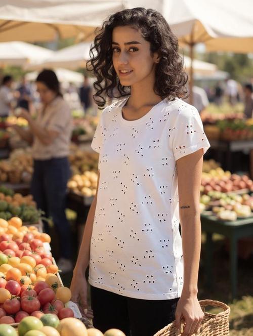 women schiffli cotton t-shirt - 20982403 - Very Small Image - 1