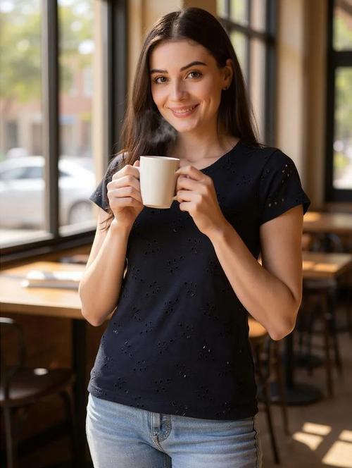 women schiffli cotton t-shirt - 20982418 - Very Small Image - 1