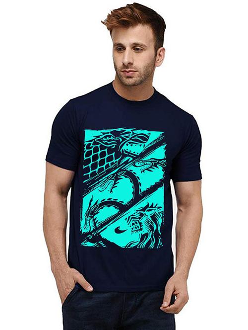 navy blue front printed casual t-shirt - 20985180 - Very Small Image - 1