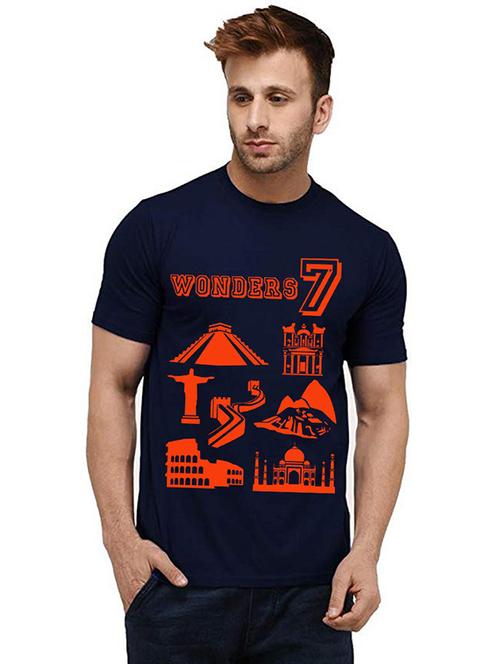navy blue front printed casual t-shirt - 20985316 - Very Small Image - 1