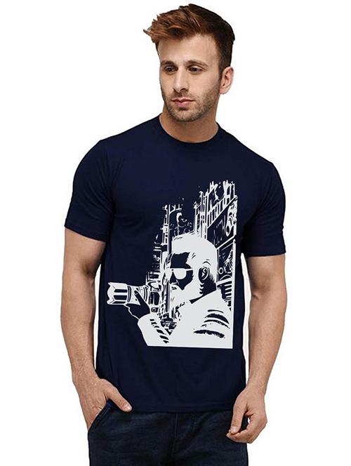 navy blue front printed casual t-shirt - 20985483 - Very Small Image - 1