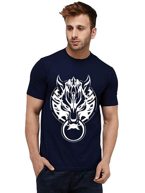 navy blue front printed casual t-shirt - 20985552 - Very Small Image - 1