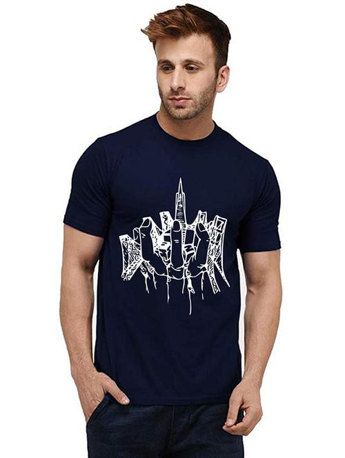 navy blue front printed casual t-shirt - 20986129 - Very Small Image - 1