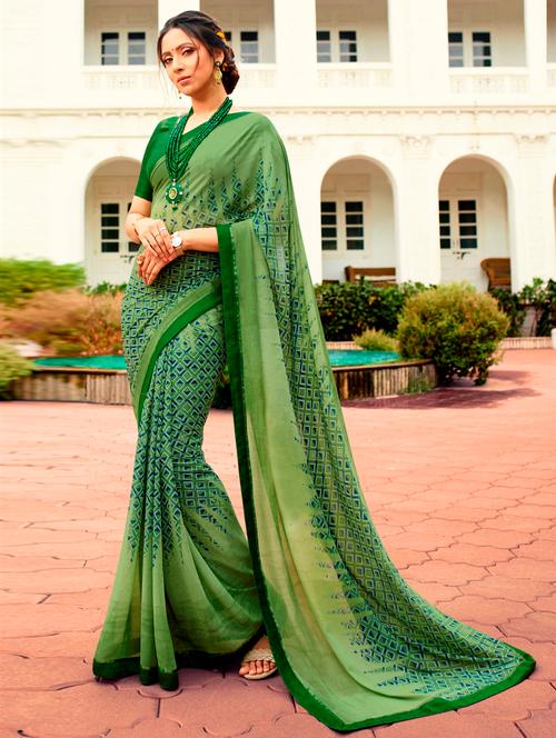 olive georgette printed saree with blouse - 20999981 - Very Small Image - 1